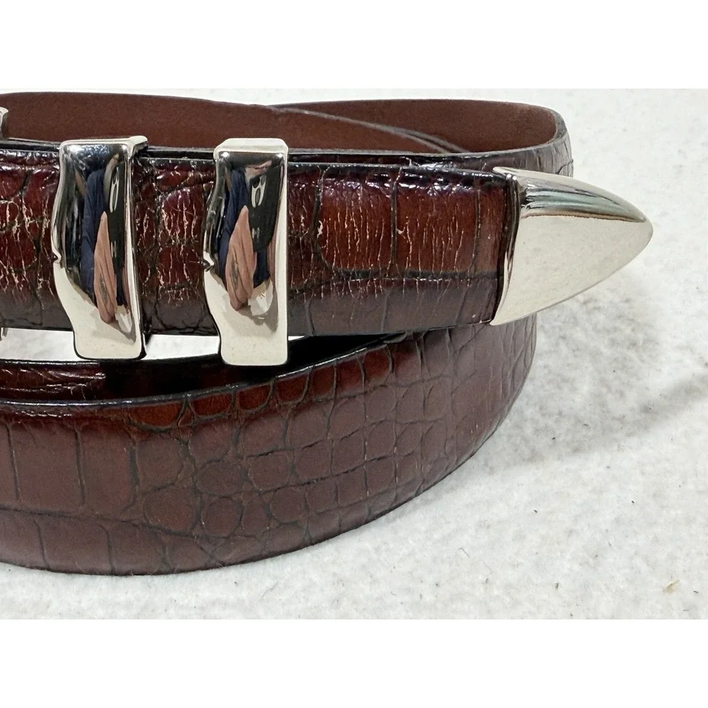 Torino Calfskin Croc Embossed Belt Brown Leather Dress Italian Quiet Luxury 46
